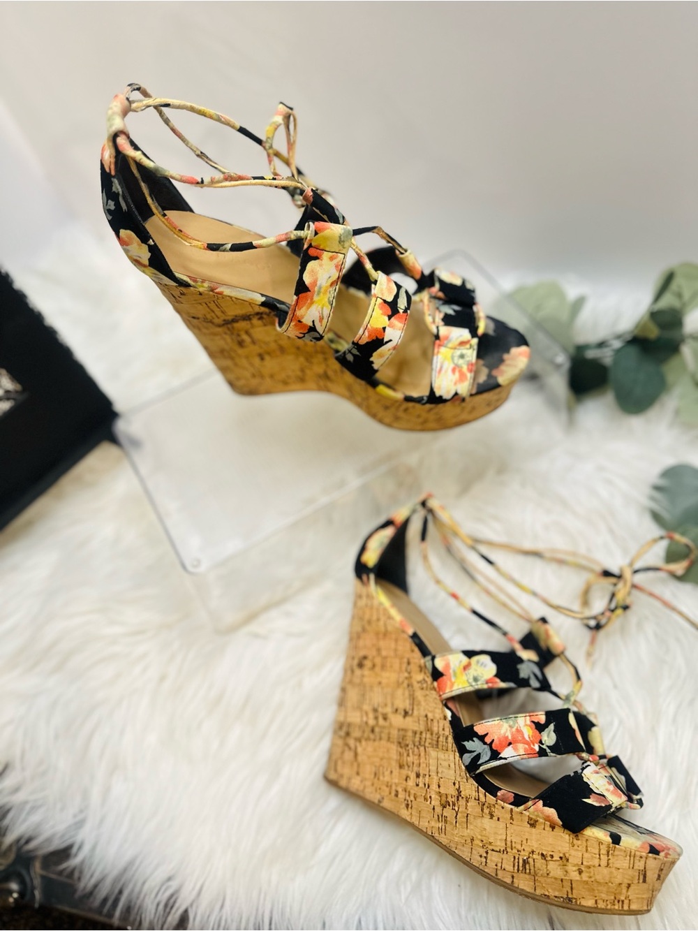 BAMBOO Black Floral Cork Wedge Sandals